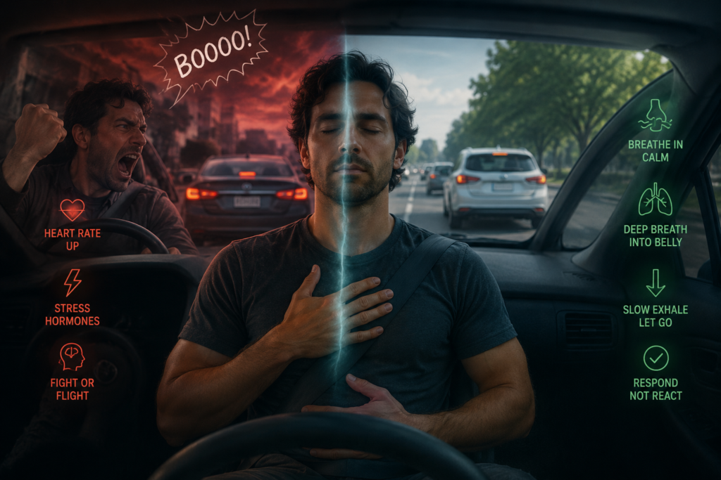 Driver using breathwork to regulate stress and calm the nervous system during traffic