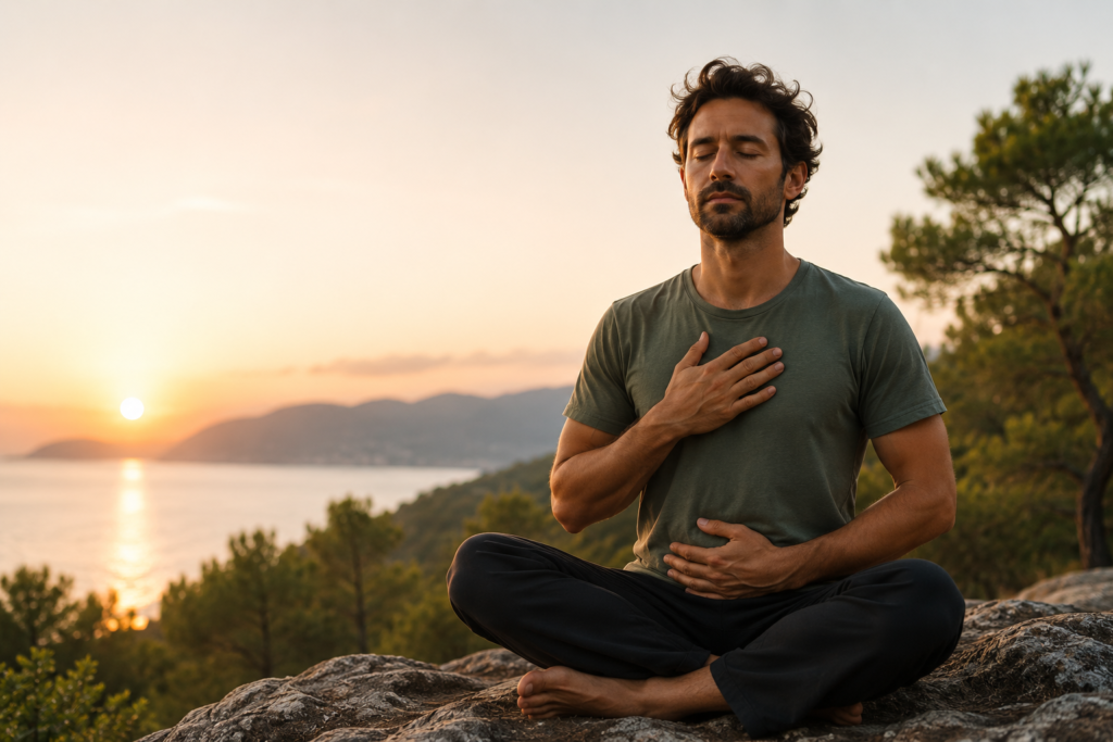 Man practicing breathwork and meditation outdoors to improve focus and reduce stress